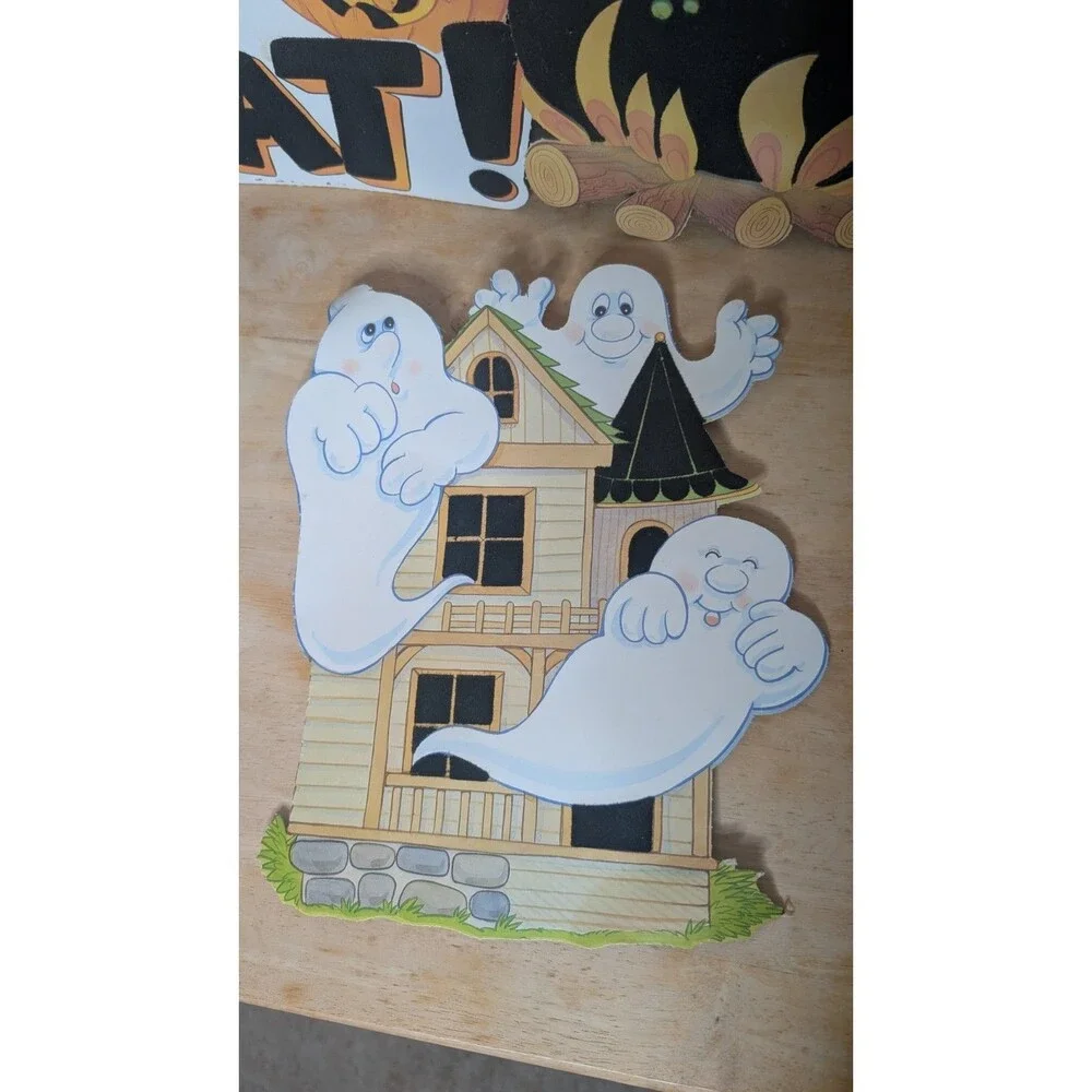 Vintage Halloween Die Cut Decorations Flocked Ghost Haunted House Lot Of 4